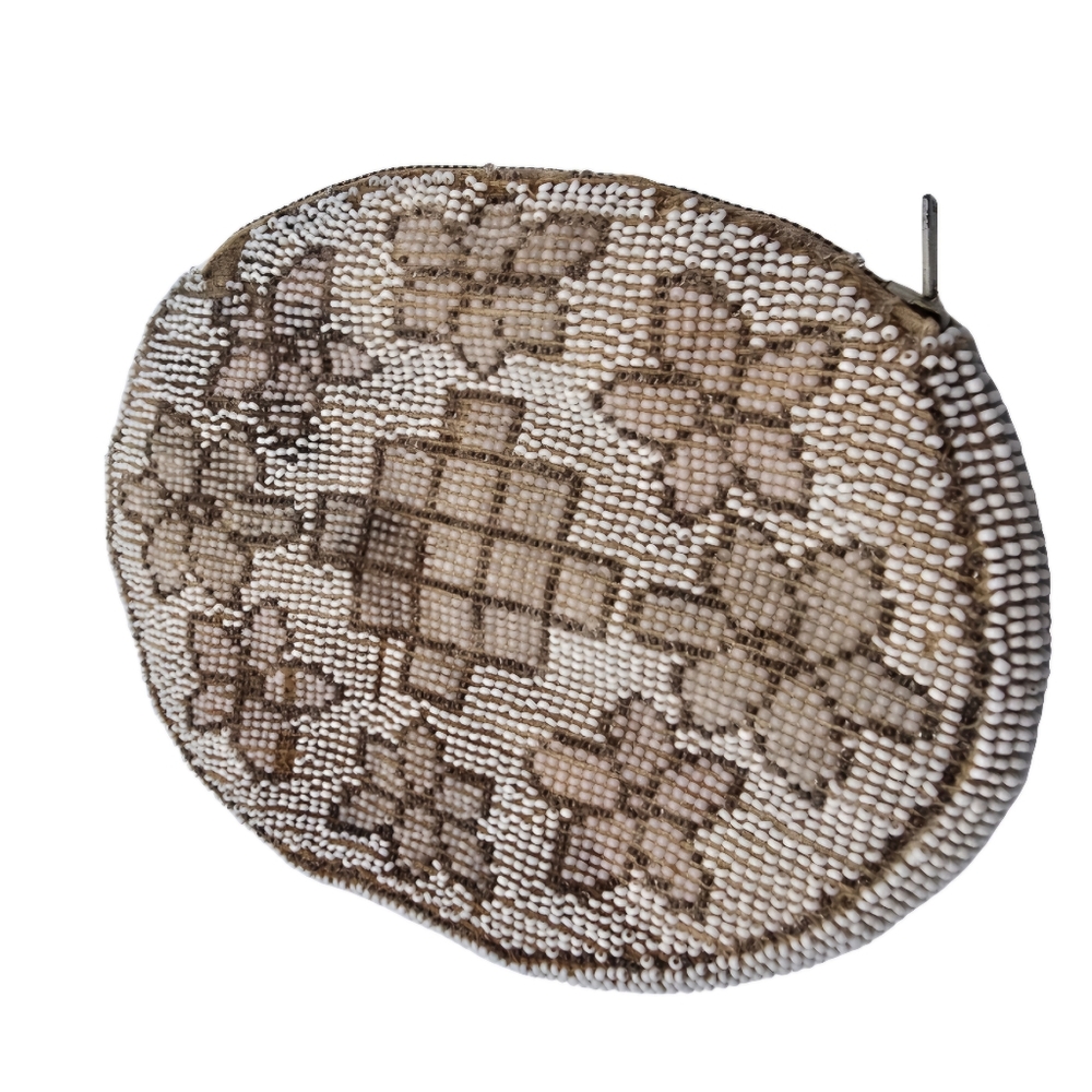 Vintage Handbag Small Oval Beaded Hand Slip Purse Cream/White Floal Pattern